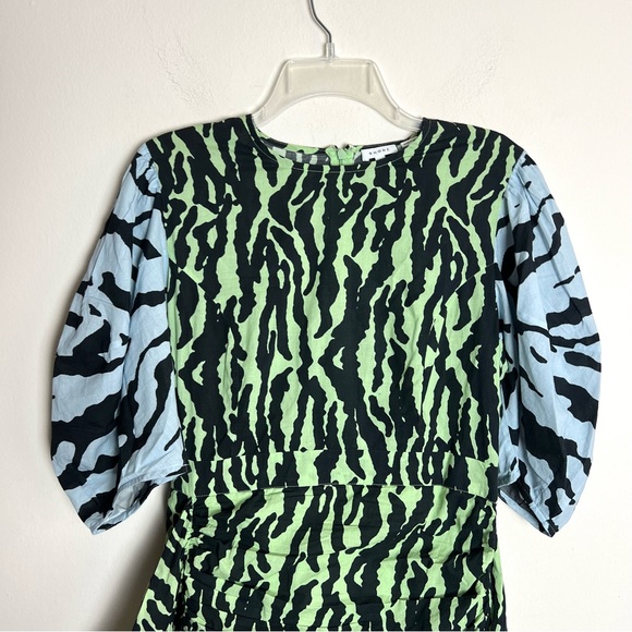Rhode Pia Tiger Print Color block Wrap Ruched Mini Puff Sleeve Dress - Picture 10 of 13